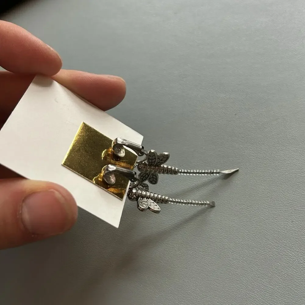 Silver Dragonfly-Shaped Dangle Earrings, Butterfly Closure, for Pierced Lobes